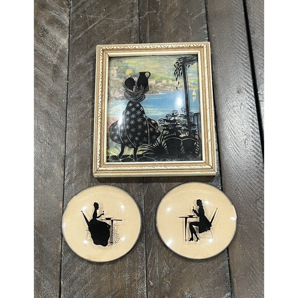 Silhouette Framed Under Glass‎ Victorian Man Woman Round Set Vintage - Picture 1 of 12